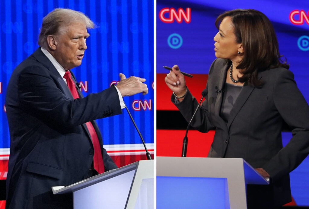 Election 2024 Debates This combination photo shows Republican presidential candidate former President Donald Trump speaking during a presidential debate, June 27, 2024, in Atlanta, left, and Sen. Kamala Harris, D-Calif., speaking during a Democratic presidential primary debates,