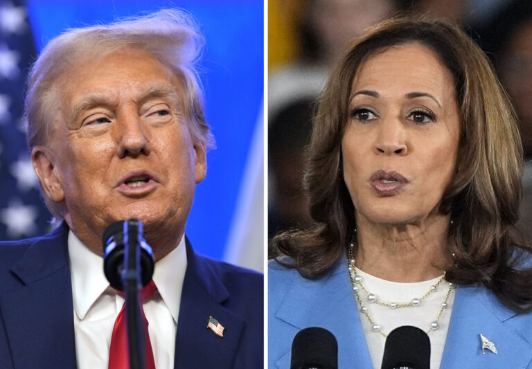 Donald Trump and Kamala Harris each speaking into microphones
