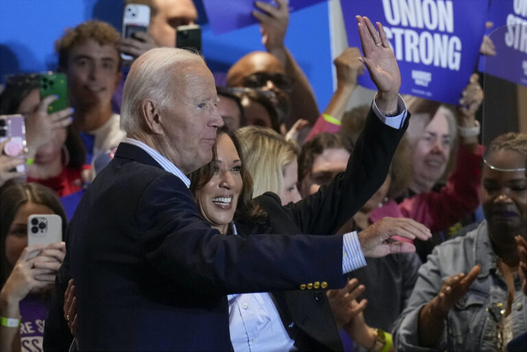 Joe Biden and Kamala Harris on stage