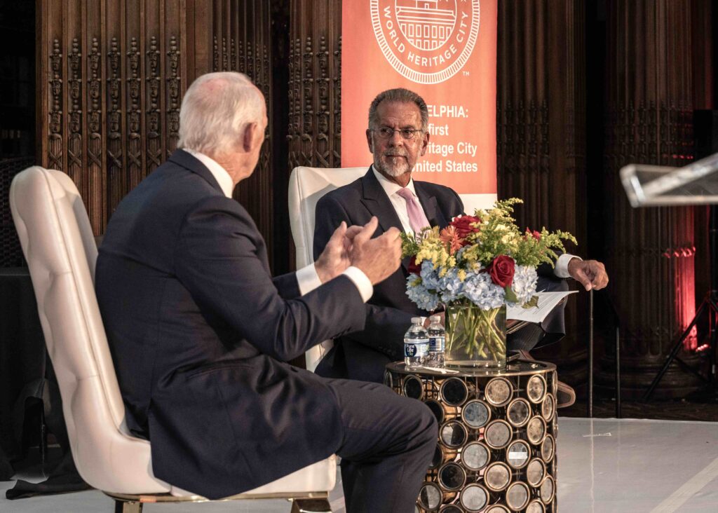 Heritage2 WHYY President and CEO Bill Marrazzo (right) led a fireside chat with Daniel J. Hilferty, Chairman and CEO of Comcast Spectator, during the ninth World Heritage City Celebration at the Crystal Team Room on Sept. 5, 2024. Hilferty was honored as the 2024 Distinguished Global Leadership Honoree. Philadelphia was selected as America’s first World Heritage City in 2015, which denotes its global significance and cultural influence.