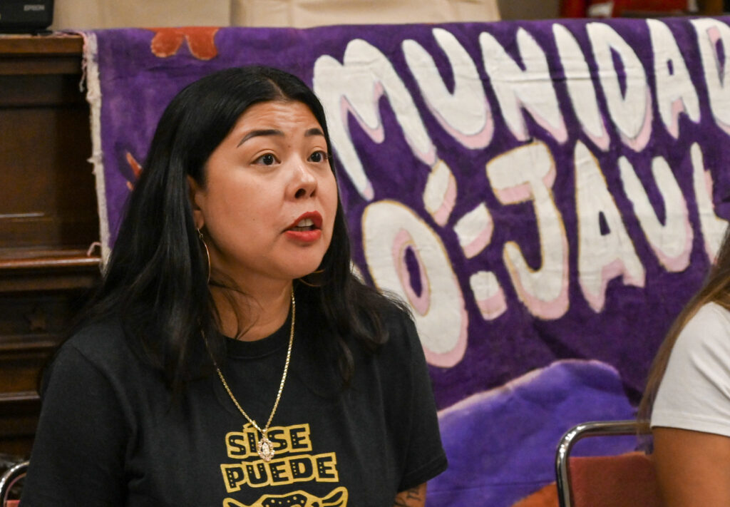 erika-juntos-moshannon-report Erika Guadalupe Nuñez, executive director of Juntos, speaks at a Sept. 4 press conference at Temple's Law School.