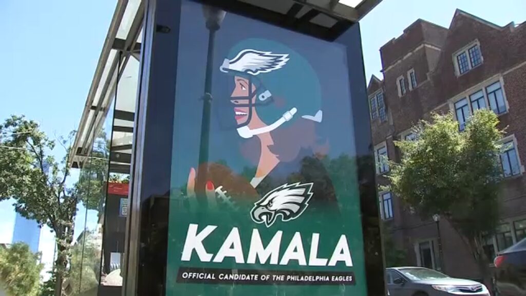 kamala-fake-sign-6abc-2024-09-02 sign with Kamala Harris wearing an Eagles uninform