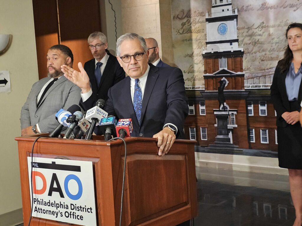 larry-krasner-2024-09-09 Larry Krasner speaks behind a podium