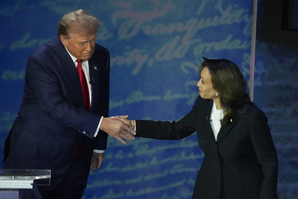 Donald Trump,Kamala Harris Republican presidential nominee former President Donald Trump shakes hands with Democratic presidential nominee Vice President Kamala Harris during an ABC News presidential debate at the National Constitution Center, Tuesday, Sept.10, 2024, in Philadelphia.