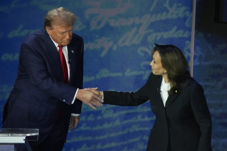 Republican presidential nominee former President Donald Trump shakes hands with Democratic presidential nominee Vice President Kamala Harris during an ABC News presidential debate at the National Constitution Center, Tuesday, Sept.10, 2024, in Philadelphia.