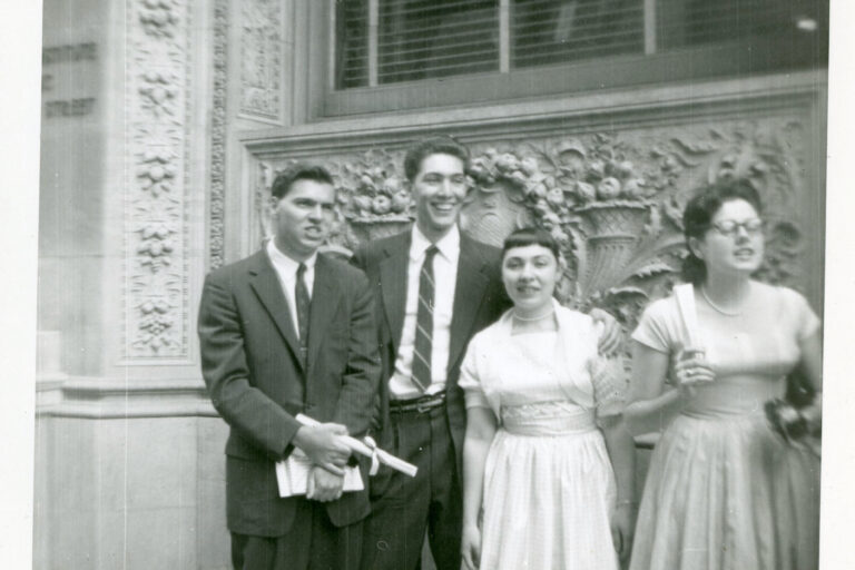 Lee Luvisi (Piano '57), Arnold Steinhardt (Violin '59), Ruth Meckler (Piano '60), Ann Heiligman (Piano '59) on commencement day 1959. (Curtis Institute of Music Archives)