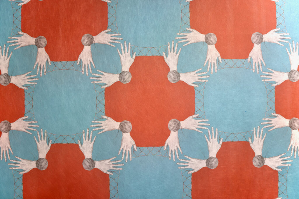 2024 10 16-e lee-philadelphia painted bride-undue burden archive installation fabric loop a fabric shows a pattern of hands, circles and plus signs