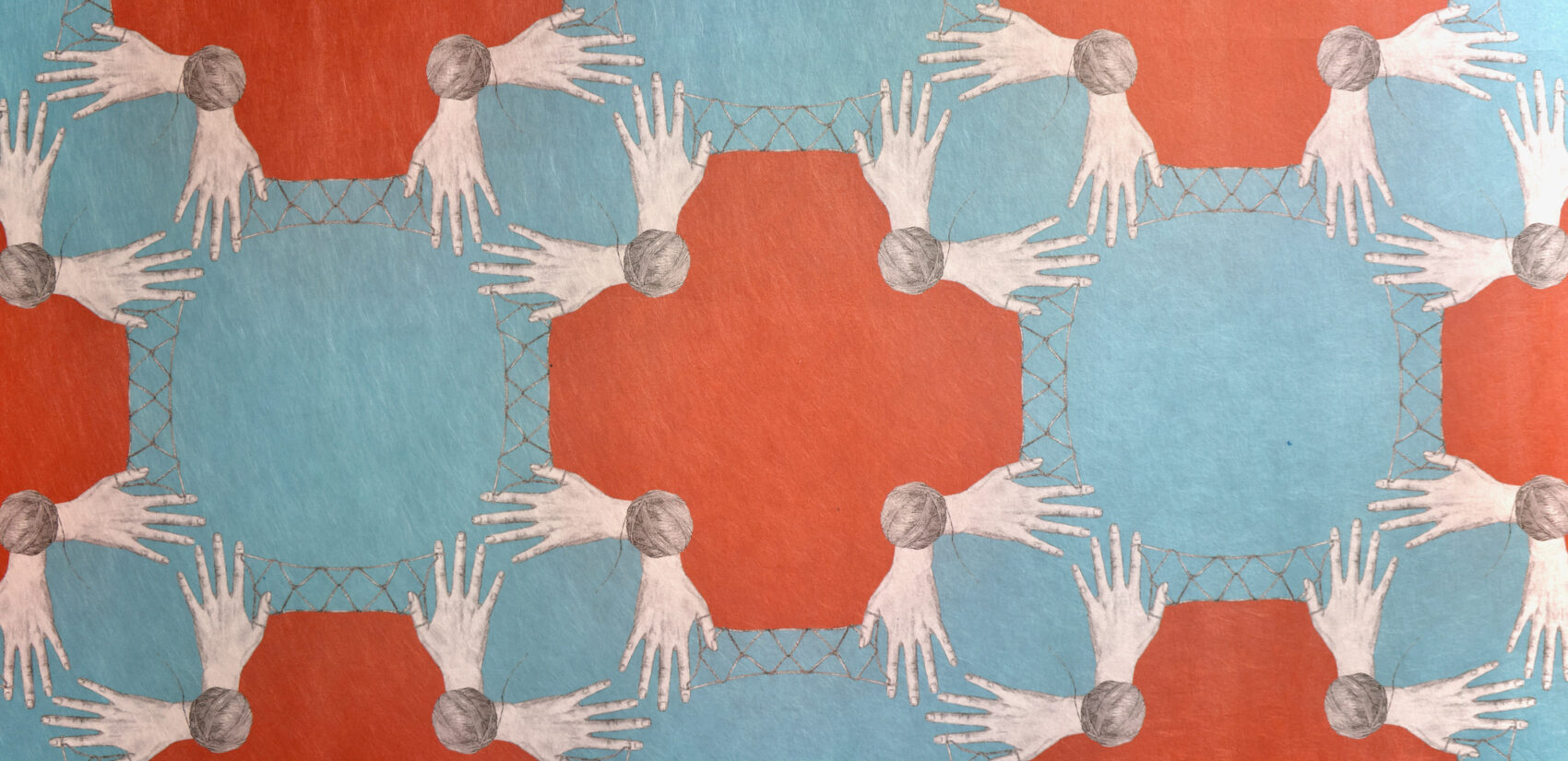 a fabric shows a pattern of hands, circles and plus signs