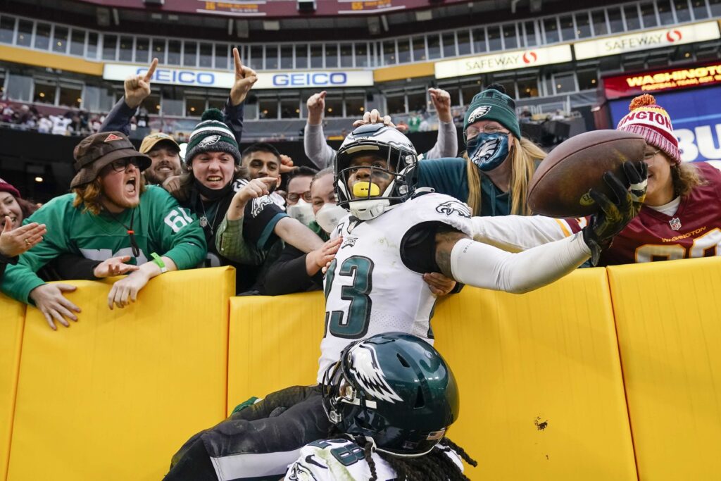 Rodney McLeod Philadelphia Eagles safety Rodney McLeod (23) celebrates with fans after making an interception against Washington Football Team quarterback Taylor Heinicke (4) in the final minute the second half of an NFL football game, Sunday, Jan. 2, 2022, in Landover, Md. Philadelphia won 20-16. (AP Photo/Alex Brandon)