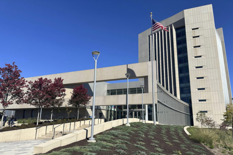 The exterior of the federal courthouse in Harrisburg, Pa., is shown Friday, Oct. 18, 2024, where a judge heard argument regarding a request by six Republican members of Congress that he direct elections officials to take additional steps to verify the identity and eligibility of overseas voters, including those serving in the military and their families. (AP Photo/Mark Scolforo)