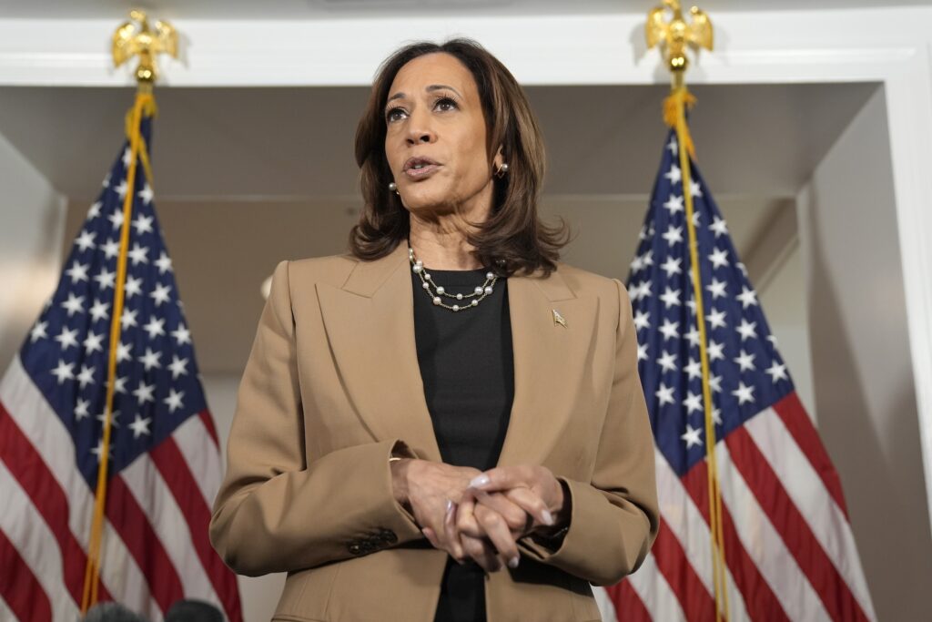 Election 2024 Harris Democratic presidential nominee Vice President Kamala Harris speaks to reporters in Philadelphia, Thursday, Oct. 24, 2024. (AP Photo/Matt Rourke)