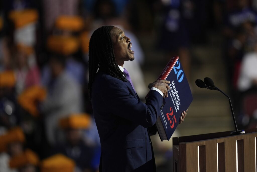 Election 2024 Pennsylvania Row Offices FILE - Pennsylvania state Rep. Malcolm Kenyatta Speaks during the Democratic National Convention, Aug. 20, 2024, in Chicago. (AP Photo/Paul Sancya, File)