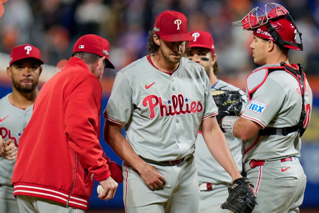 aaron-nola-2024-10-08 Aaron Nola being taken off the mound