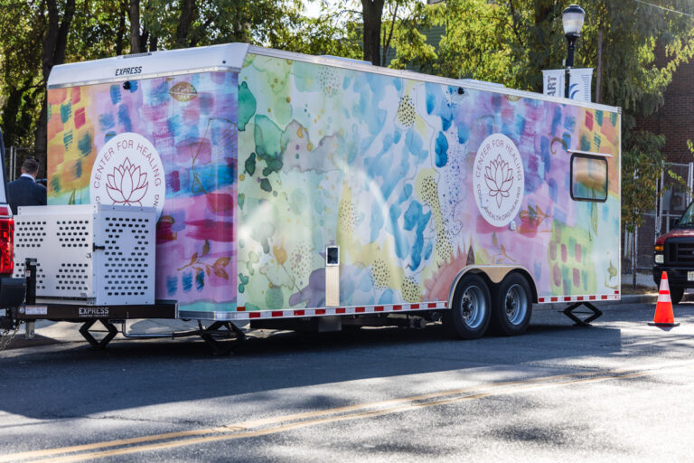 Cooper University Health Care’s new mobile treatment center was decorated with art created by patients in therapy. (Kimberly Paynter/WHYY)