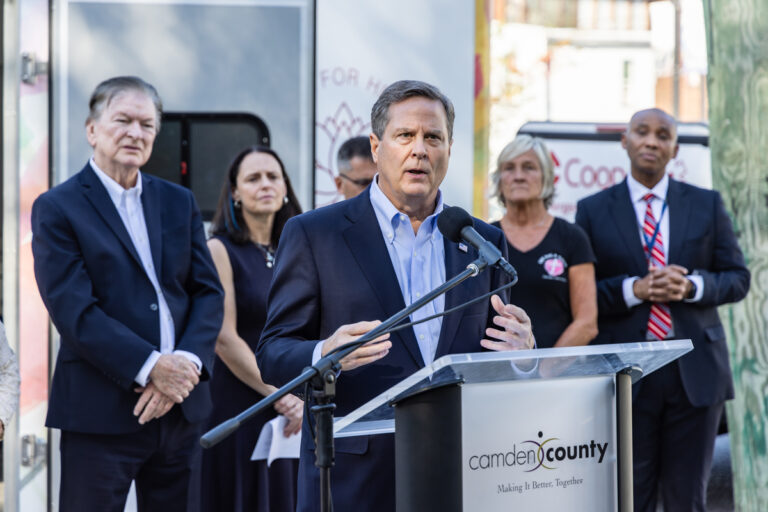 U.S. congressman Donald Norcross said that substance abuse disorder affects everyone on the both sides of the political aisle at a press conference announcing a new mobile treatment center van in Camden, N.J. on October 22, 2024. (Kimberly Paynter/WHYY)