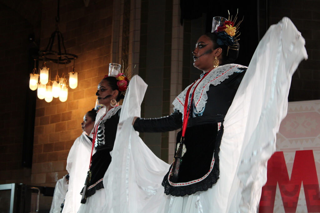 dia-de-los-muertos-12 copy Dancers from Ballet Folklorico Yaretzi performed at Penn Museum and the Mexican Cultural Center's Día de los Muertos celebration on Saturday, Oct. 26, 2024. (Emily Neil/WHYY)