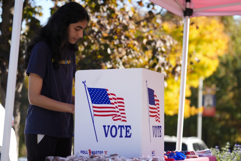 Election 2024 Mobile Voting Center Shreya Srinivasan fills out her mail-in ballot at a Montgomery County voter services mobile location in King of Prussia, Pa., Tuesday, Oct. 22, 2024