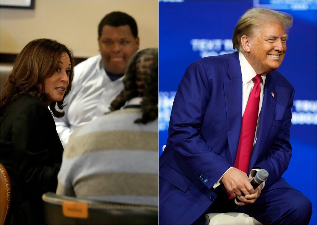 harris-trump-pennsylvania-2024-10-14 Kamala Harris sits and speaks with others at a table, Trump smiles while holding a microphone