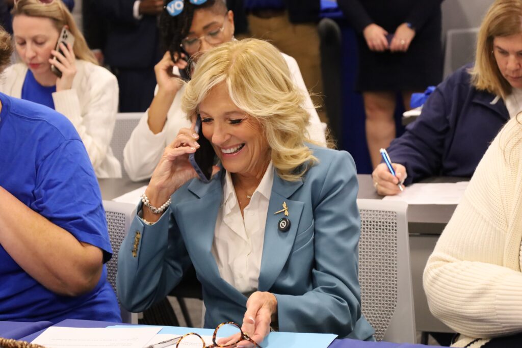 jill-biden-2024-10-15-2 First lady Jill Biden joins volunteers at PSEA phone bank in West Chester, Pa., Oct. 15, 2024 (Amanda Fitzpatrick/WHYY)