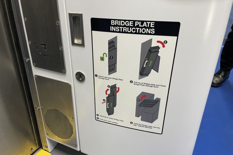 a sign shows how the bridge plate works to cover the gap