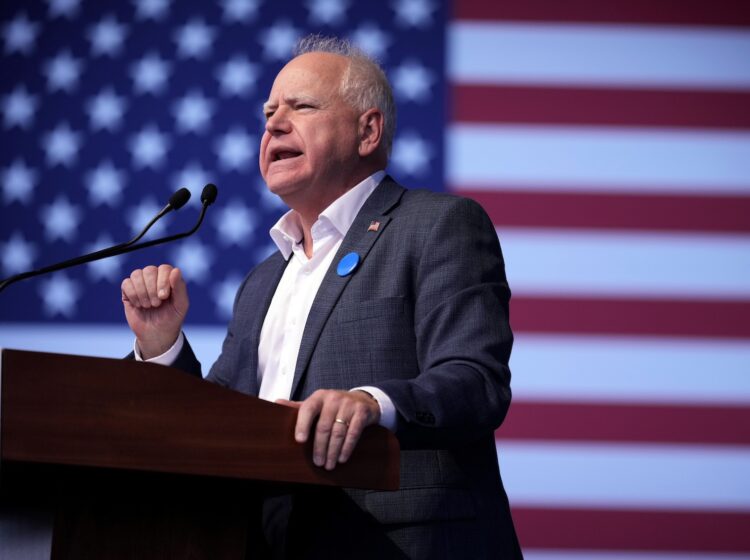 Democratic vice presidential nominee Minnesota Gov. Tim Walz speaks during a campaign rally, Saturday, Oct. 19, 2024, in Papillion, Neb.