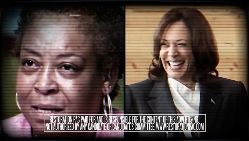 trump-harris-attack-ad a screenshot of an ad shows Kamala Harris and Kimberly Burrell