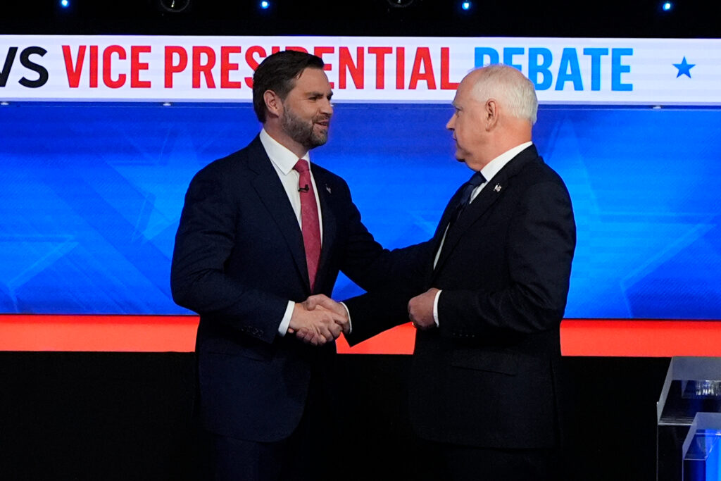 vance-walz-debate JD Vance and Tim Walz shake hands
