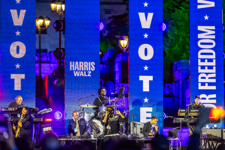 Harris supporters gathered for a rally on the Ben Franklin Parkway in Philadelphia on the eve of the presidential election, Nov. 4, 2024. (Kimberly Paynter/WHYY)