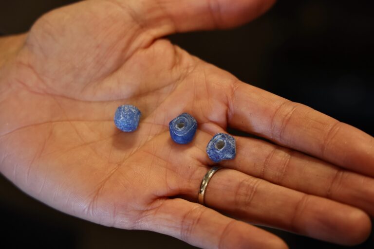 Faceted blue glass beads made in Italy and used for trade with Native Americans are among Melissa Dunphy's privy finds. (Emma Lee/WHYY)