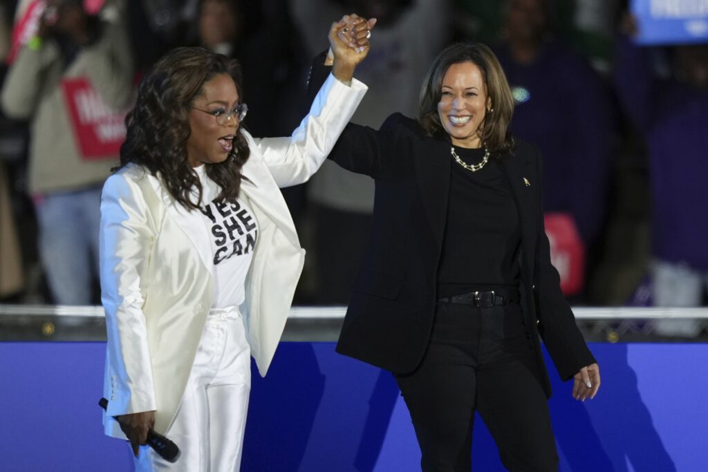 Oprah WinfreyKamala Harris Oprah Winfrey holds hands with Democratic presidential nominee Vice President Kamala Harris after introducing Harris to speak during a campaign rally outside the Philadelphia Museum of Art, Monday, Nov. 4, 2024, in Philadelphia. (AP Photo/Matt Slocum)