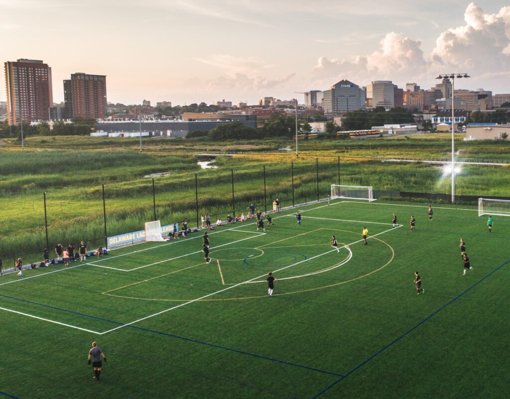 Chase Fieldhouse – Turf with City Background Soccer game