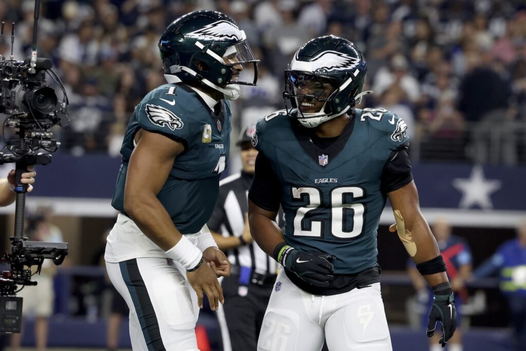 Jalen Hurts,Saquon Barkley Philadelphia Eagles' Jalen Hurts, left, and Saquon Barkley
