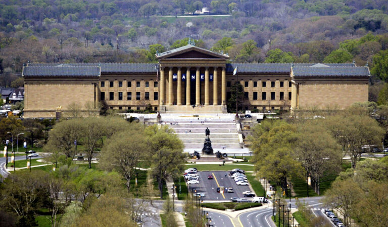 An aerial photo shows the Philadelphia Museum of Art, located at the end of the Benjamin Franklin Parkway in Philadelphia.