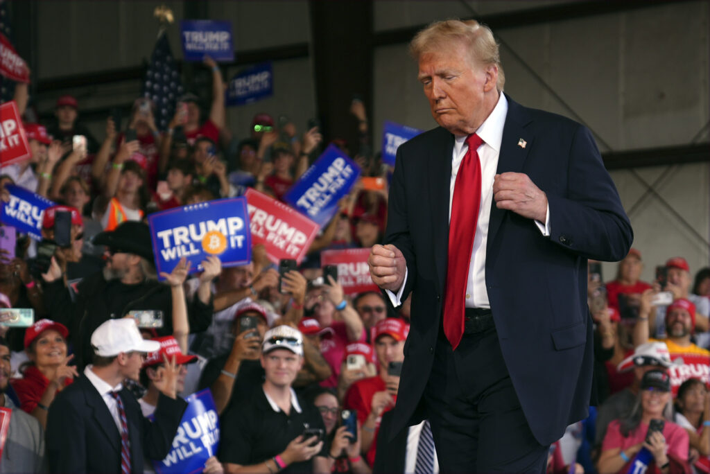 Election 2024 Trump Donald Trump stands in front of a crowd