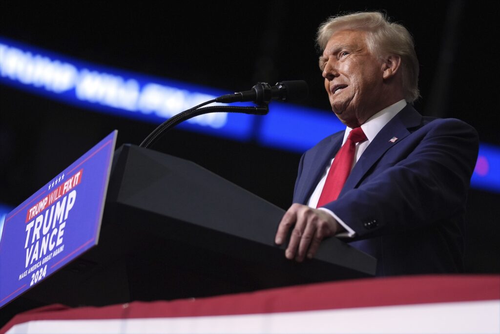 Donald Trump Republican presidential nominee former President Donald Trump speaks at a campaign rally at PPG Paints Arena, Monday, Nov. 4, 2024, in Pittsburgh, Pa.