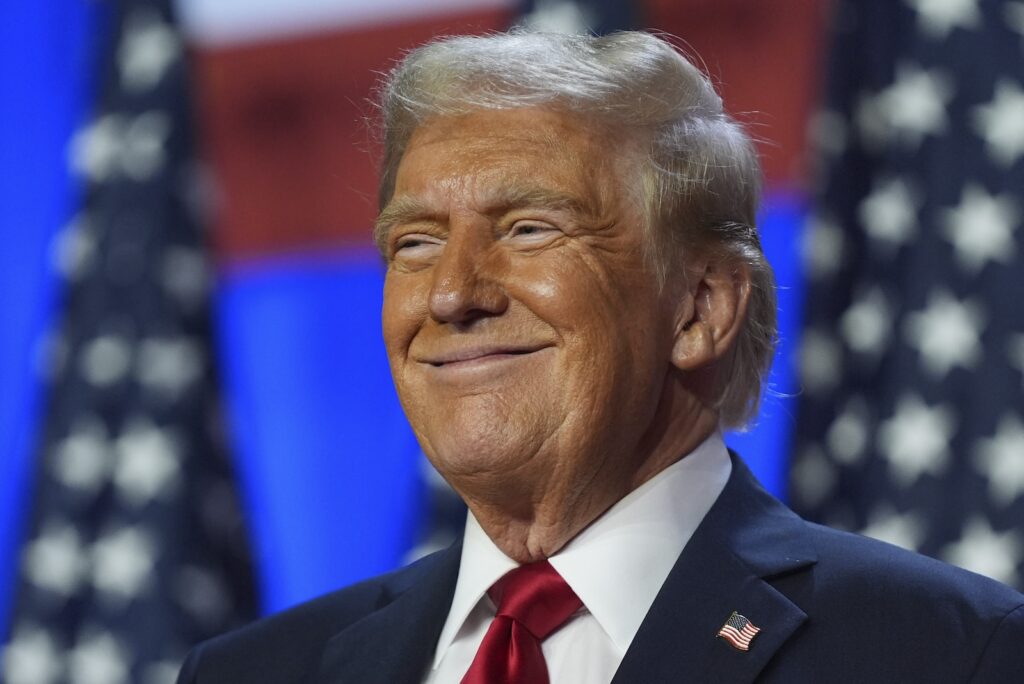 Donald Trump Republican presidential nominee former President Donald Trump smiles at an election night watch party at the Palm Beach Convention Center, Wednesday, Nov. 6, 2024, in West Palm Beach, Fla.