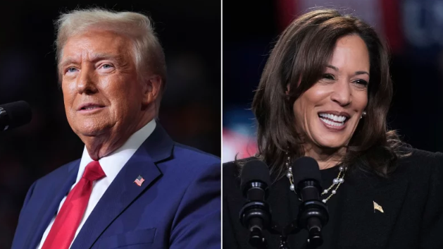 Trump speaks at a campaign rally at PPG Paints Arena on Monday in Pittsburgh; Harris speaks during a campaign rally at Muhlenberg College in Allentown, Pa., on the same day.