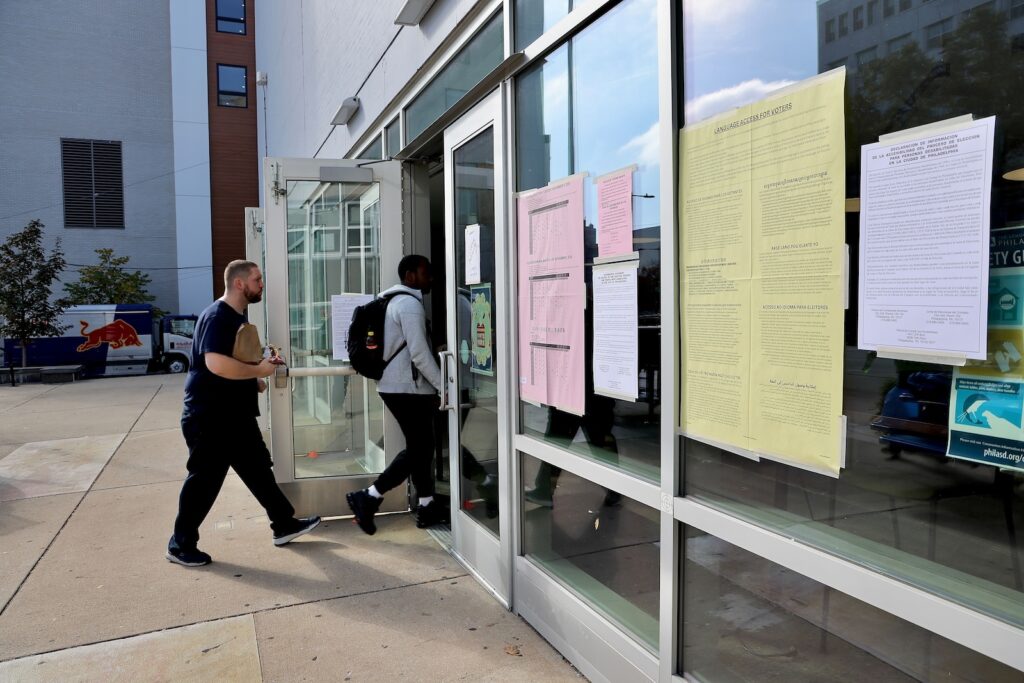election-philadelphia-polling-place-EL-02-110524 Voters enter the polling place at Ben Franklin High School on North Broad Street in Philadelphia.