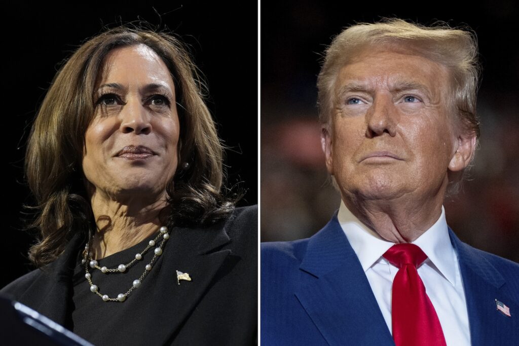 Donald Trump,Kamala Harris This combination of file photos shows Democratic presidential nominee Vice President Kamala Harris, left, speaking at a campaign rally Erie, Pa., on Oct. 14, 2024, and Republican presidential nominee former President Donald Trump speaking a campaign rally in Uniondale, N.Y., on Sept.18, 2024.