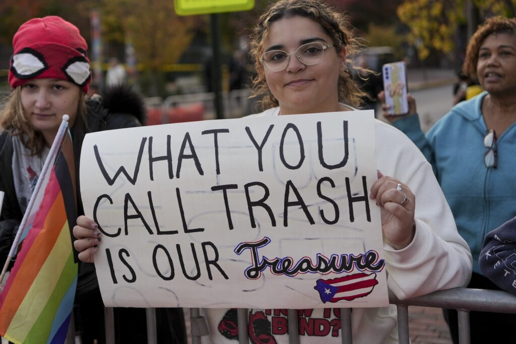 Election 2024 Puerto Ricans Carmen Hernandez, a Puerto Rican who says she supports Democratic presidential candidate Vice President Kamala Harris, protests against recent racist comments against Puerto Ricans made at a Trump rally in New York's Madison Square Garden, at a Trump rally in Reading, Pa., Monday, Nov. 4, 2024.