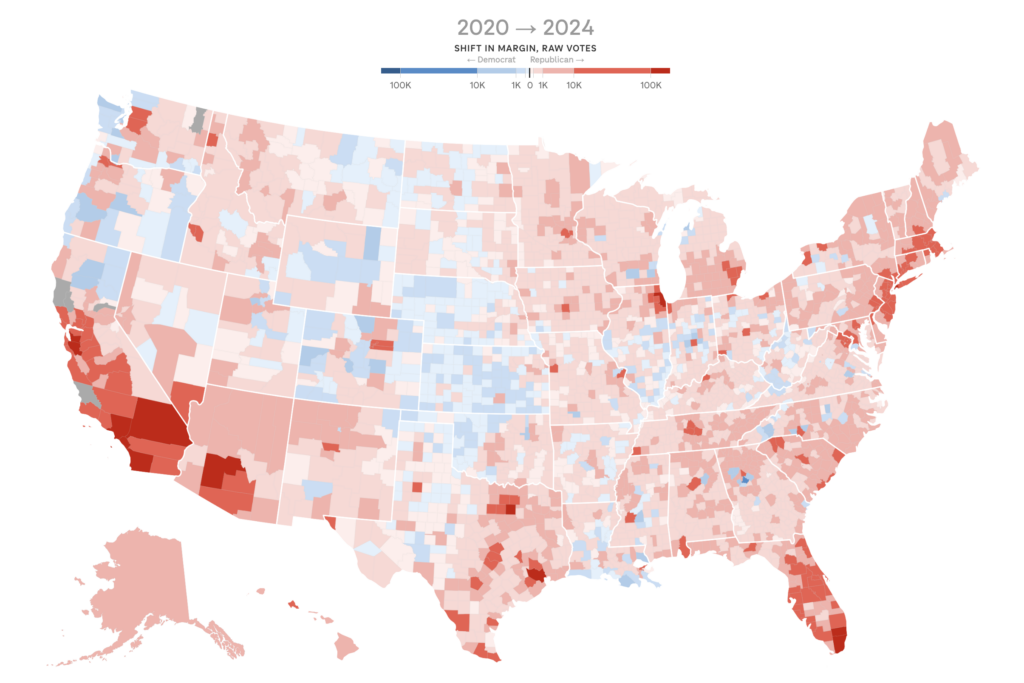 npr-election-shift-map-2024-11-21 National map showing a rightward shift from 2020 to 2024