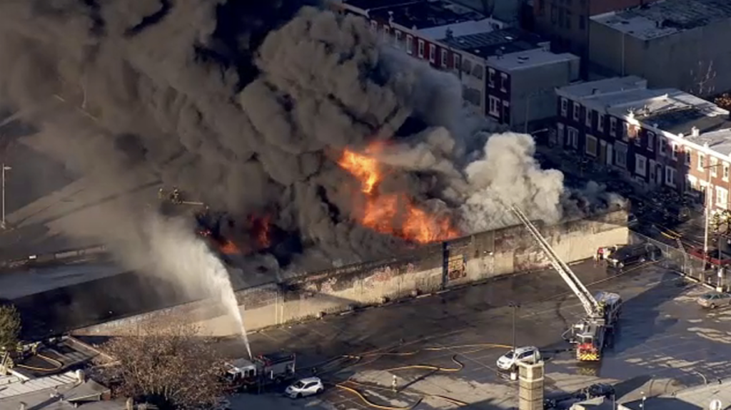 philadelphia-fire-kensington-ruth-street-wpvi-111324 An aerial view of a massive fire on Ruth Street in Kensington.