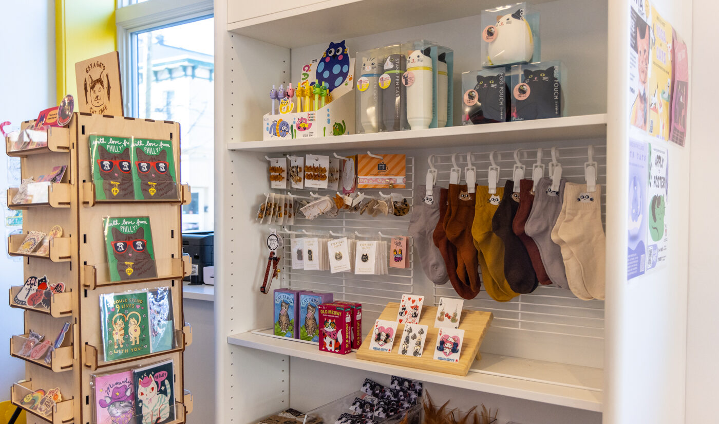 Cat merchandise for sale at the Get a Gato cat cafe in South Philly