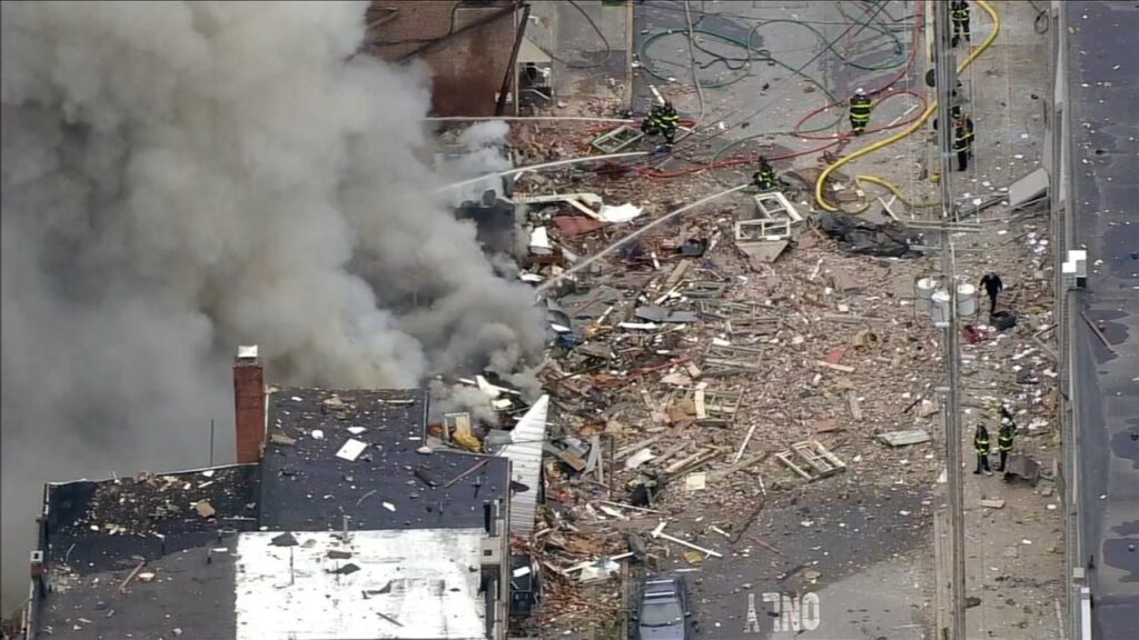13008984_032423-wpvi-FIRE-FATAL-10PM-video-vid Aftermath of the explosion at the R.M. Palmer Co. factory in West Reading, Pennsylvania. (6abc)