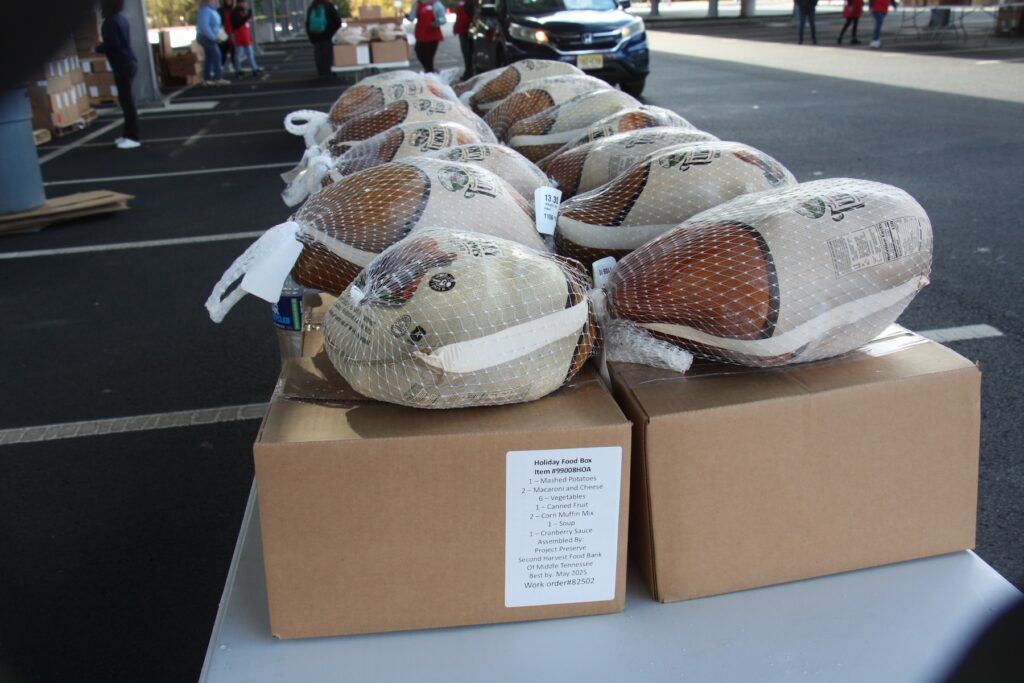 2024 11 23 k burns_kroc center Thanksgiving turkeys lined up on top of boxes