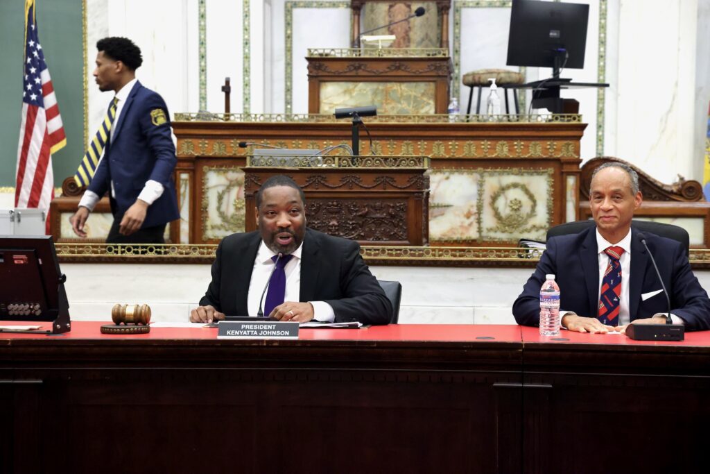 2024 12 11-e lee-kenyatta johnson-philadelphia city hall postpone Council President Kenyatta Johnson calls a hearing to order only to postpone the vote on the Sixers arena to Thursday morning