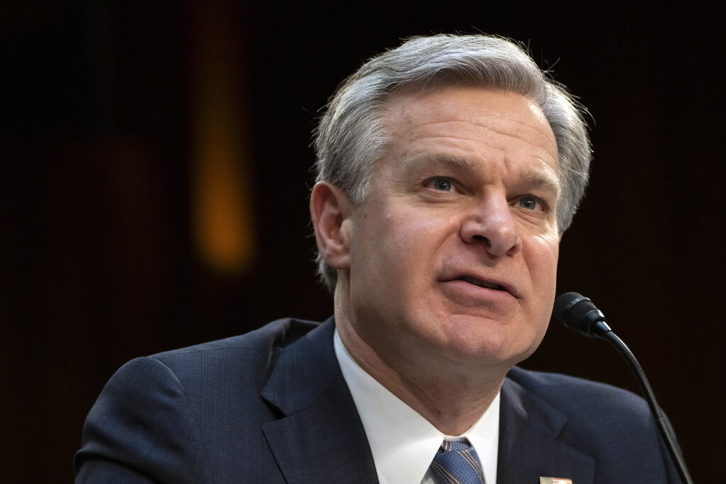 FBI Wray FILE - FBI Director Christopher Wray speaks during a hearing of the Senate Intelligence Committee on Capitol Hill, March 11, 2024, in Washington. (AP Photo/Mark Schiefelbein, File)
