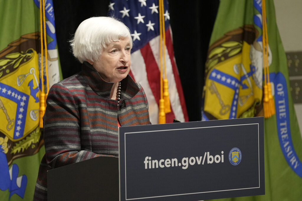 Janet Yellen FILE - U.S. Treasury Secretary Janet Yellen speaks during a visit to the Financial Crimes Enforcement Network (FinCEN) in Vienna, Va., on Jan. 8, 2024. (AP Photo/Susan Walsh, File)