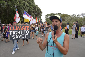 Peter-Lucas Jones is the CEO of Te Hiku Media, a Māori company that broadcasts the Indigenous language, Te Reo. Jones is seen reporting for Te Hiku in 2015. (John Miller/Ngapuhi Tribe)