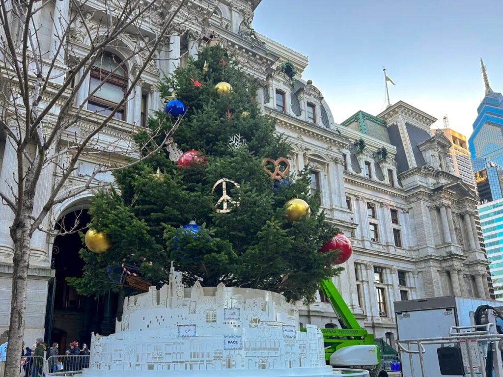 christmas-village-2022 a tree with decorations at City Hall
